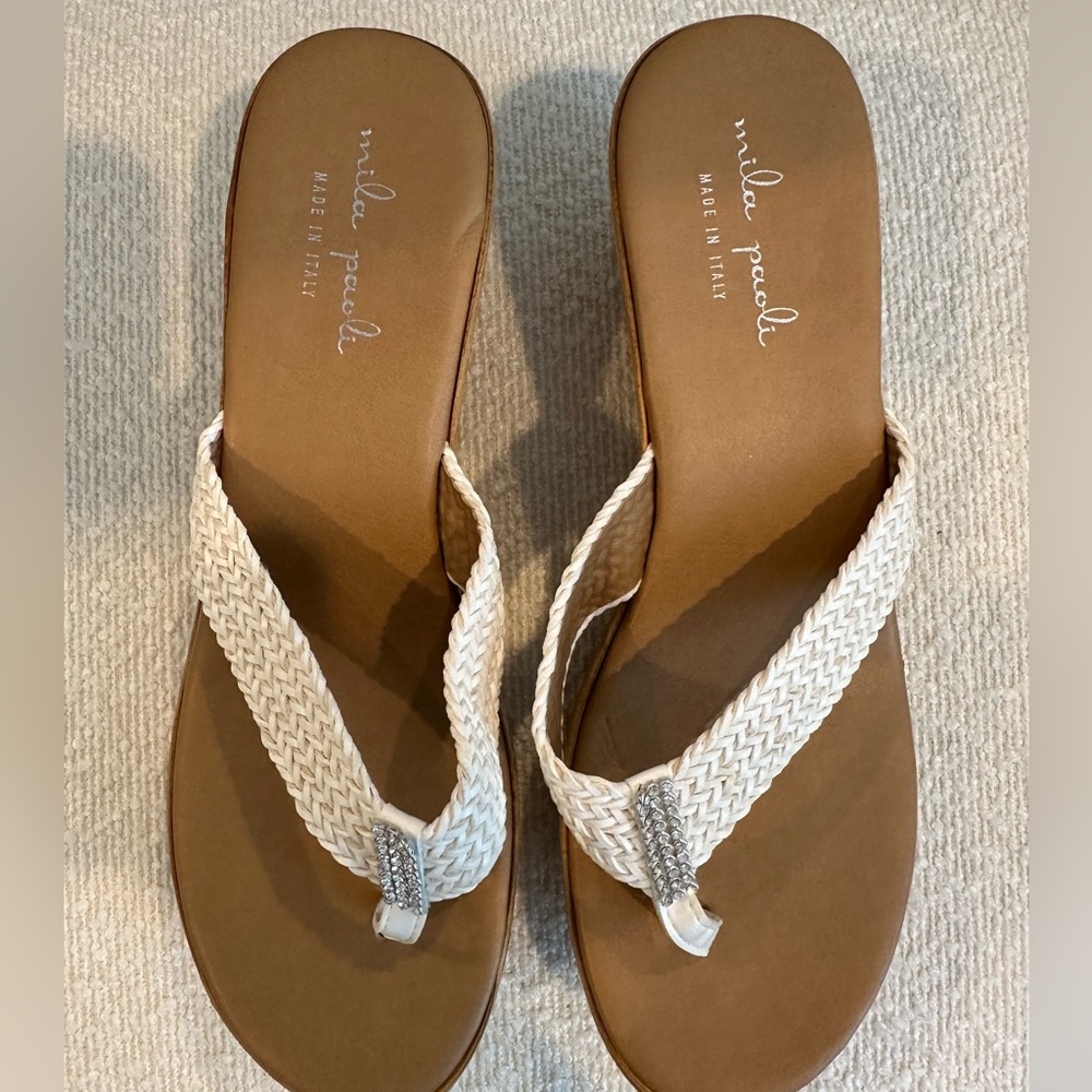Mila Paoli White Leather Sandals with Woven Straps - Picture 2 of 6